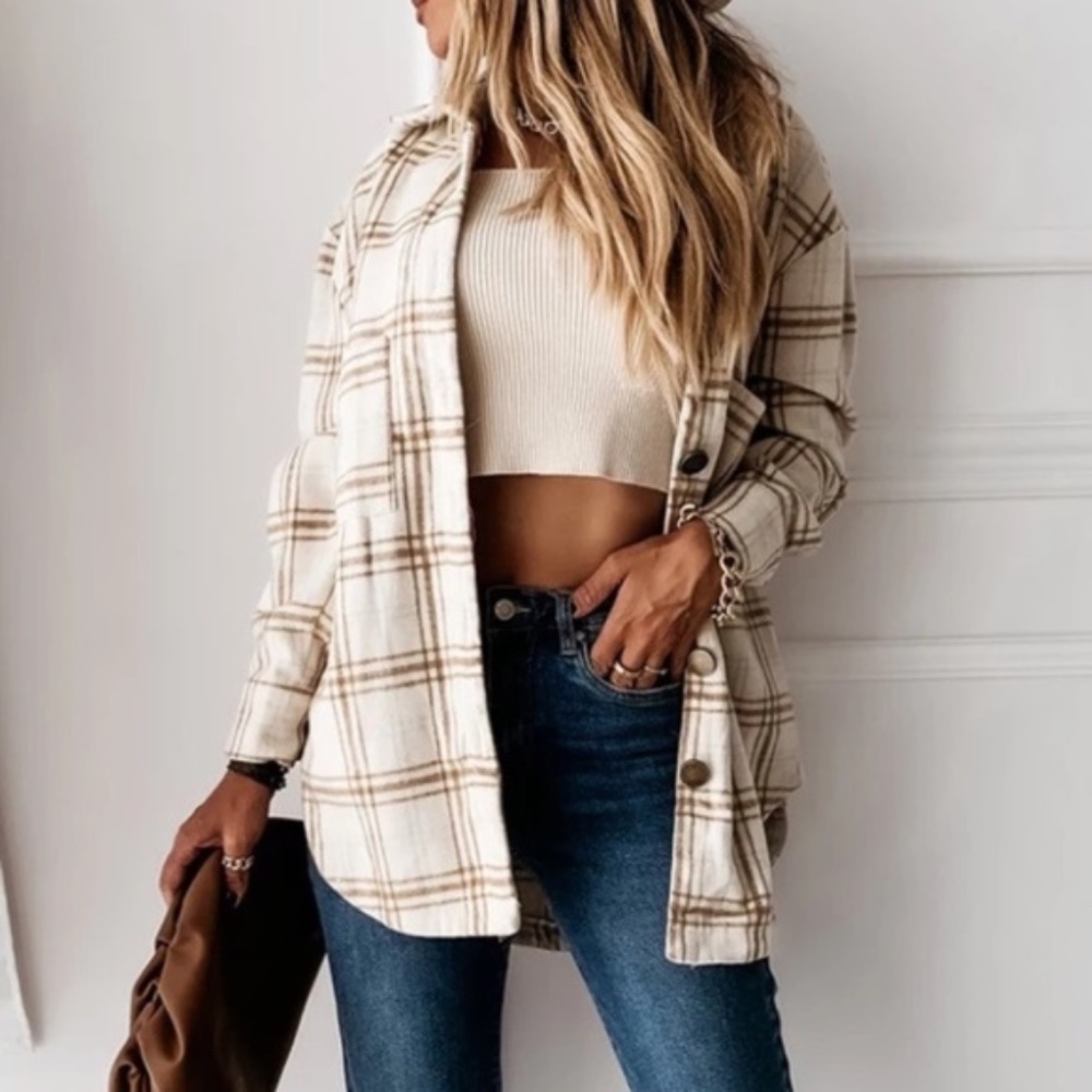 SOLD OUT Beige Plaid Flannel Oversized Shacket Shirt Jacket - Picture 2 of 4